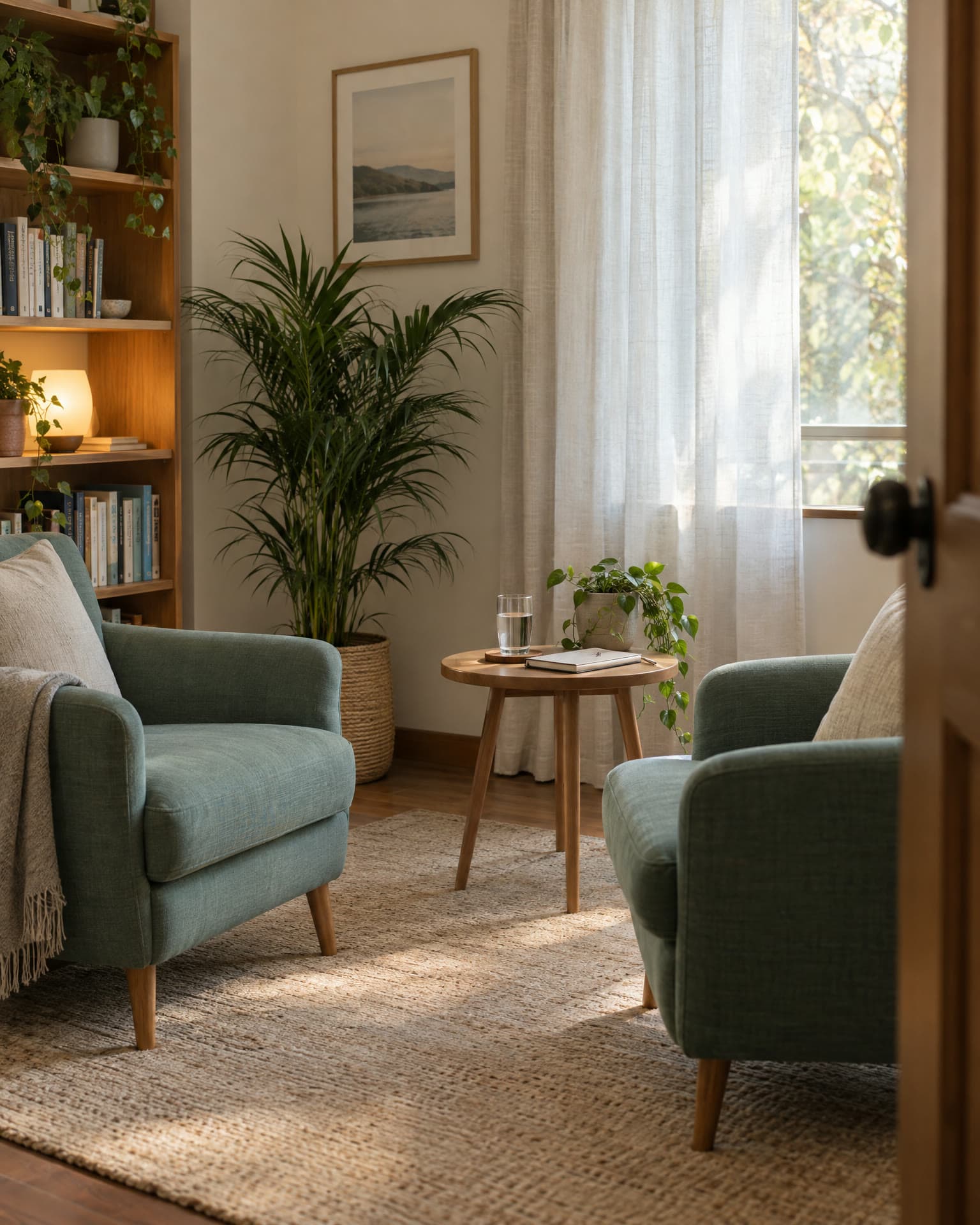 Sala de psicologia com duas poltronas, cortina de linho e plantas
